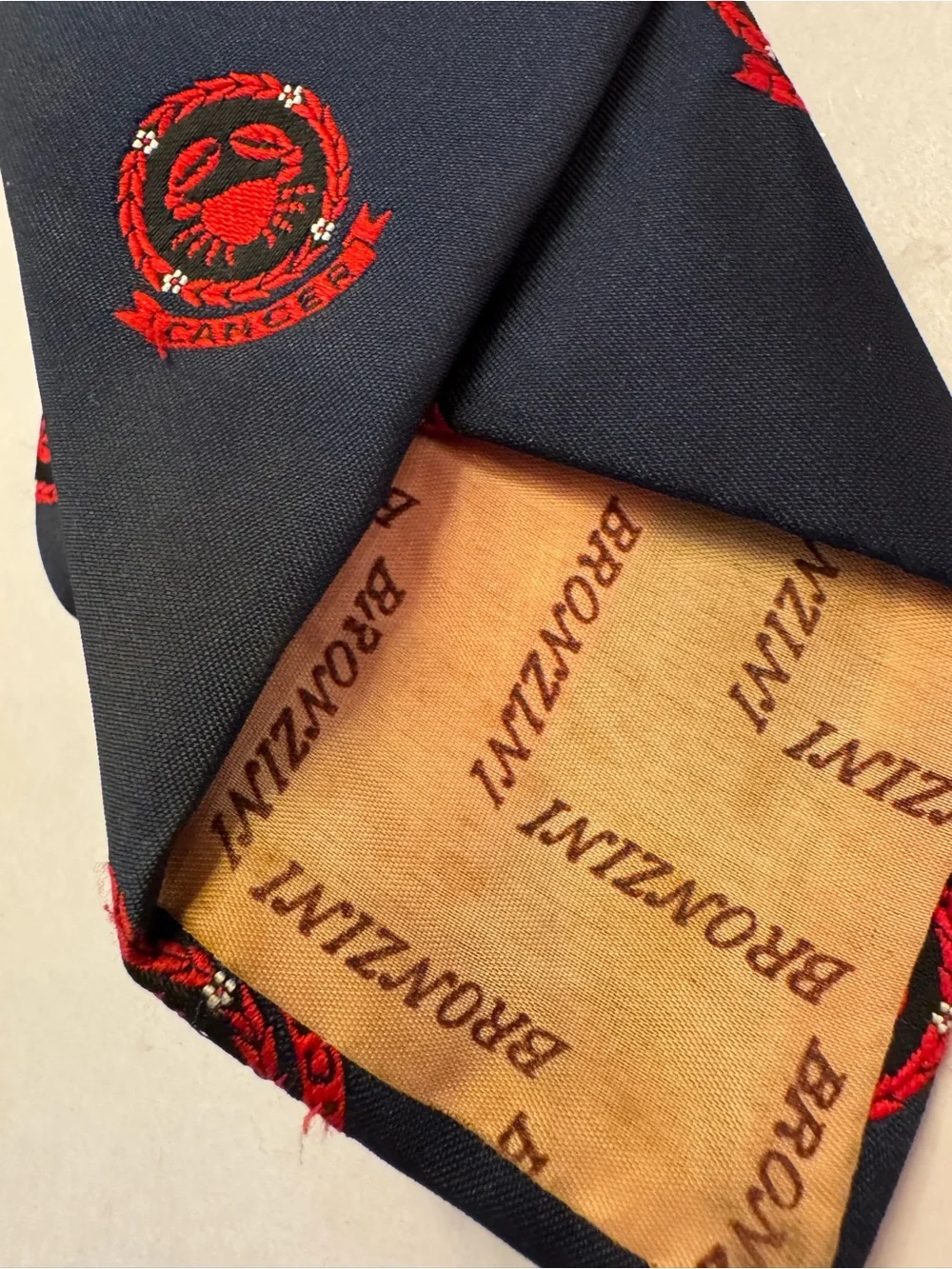 1960s Bronzini Cain Sloan Co Navy Silk Tie Embroidered Cancer Crab Zodiac Signs